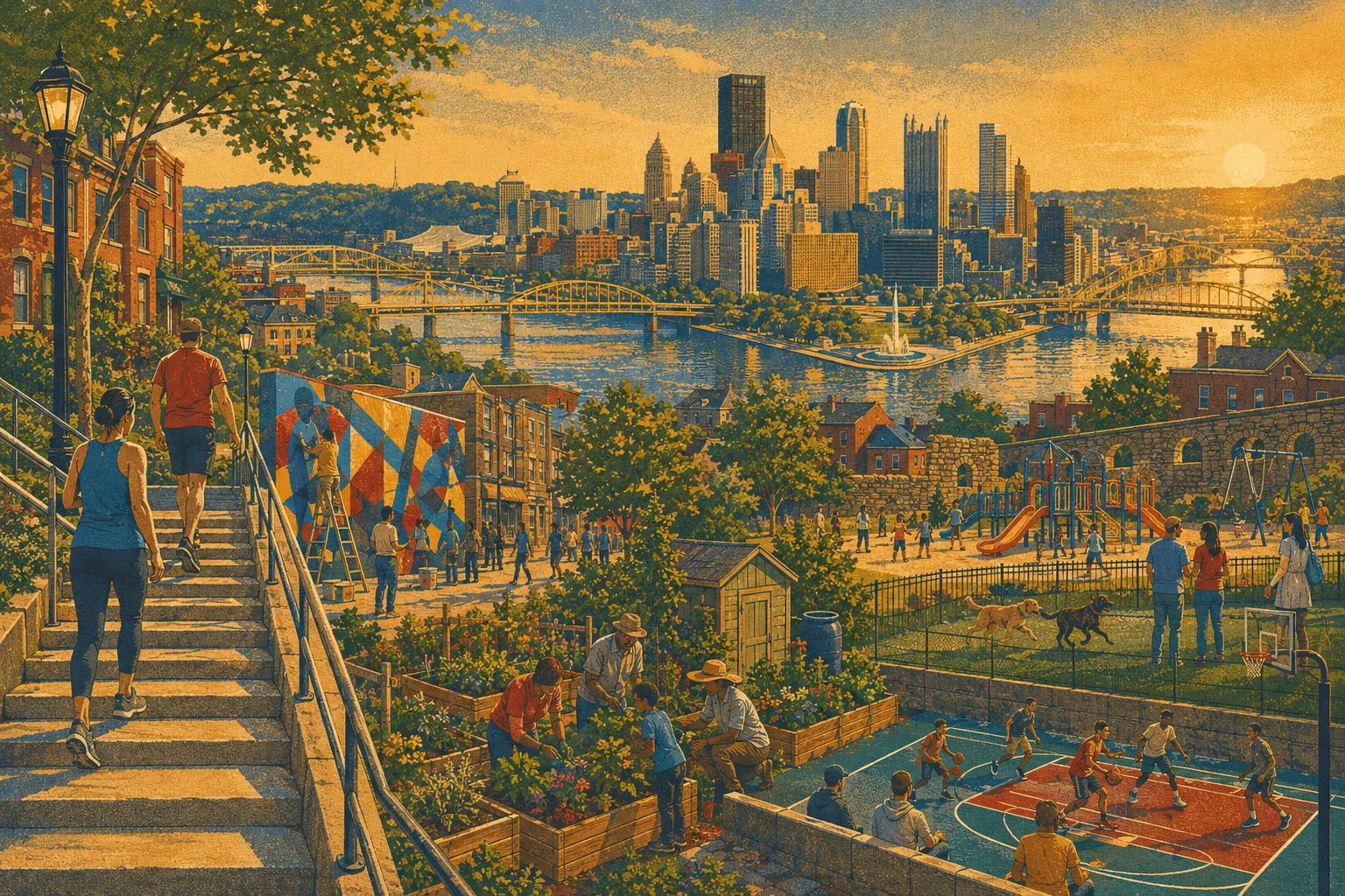Illustration of Pittsburgh neighbors gardening, playing basketball, and painting a mural along city steps, with the downtown skyline across the river at sunset