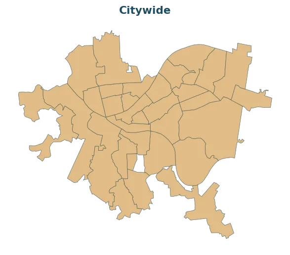 Map of Pittsburgh with all wards highlighted, representing citywide-scoped projects